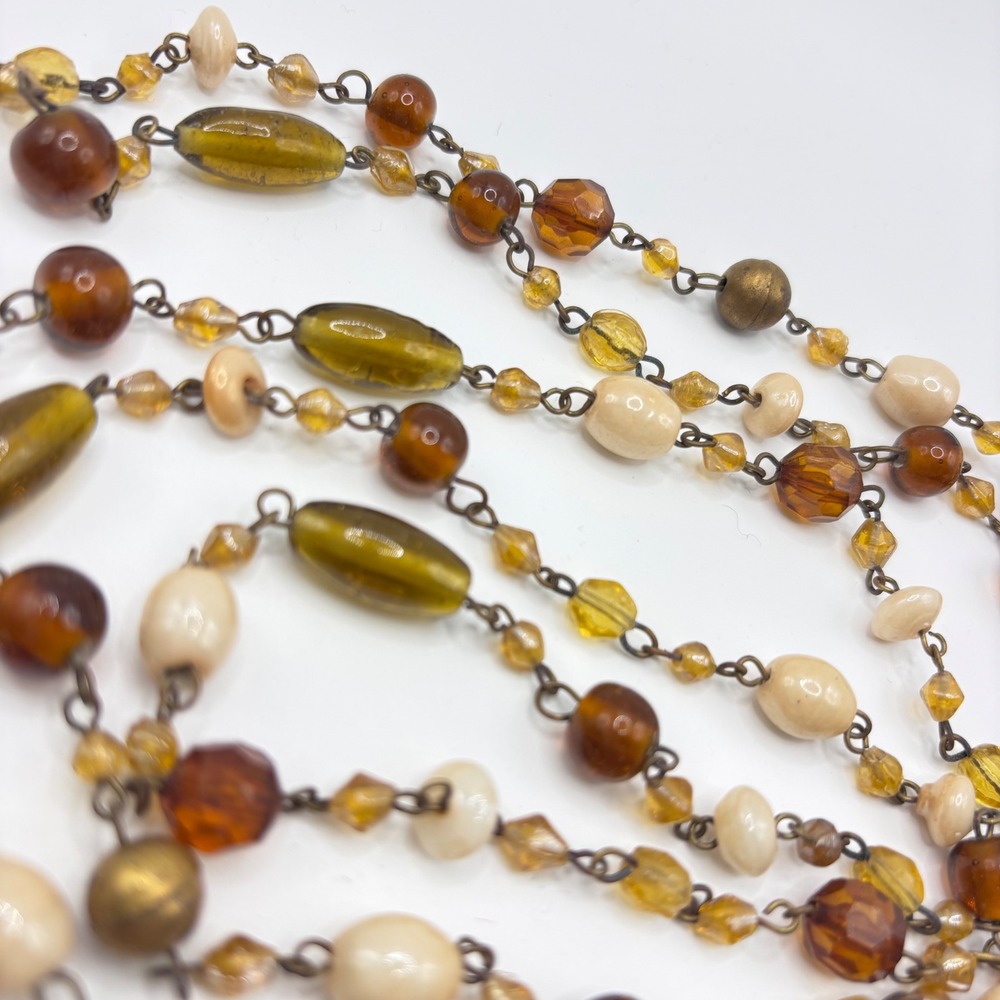 Vtg Boho Earthy Beaded Long Necklace Station 60" Baroque Amber Green Cream Glass - Picture 5 of 8